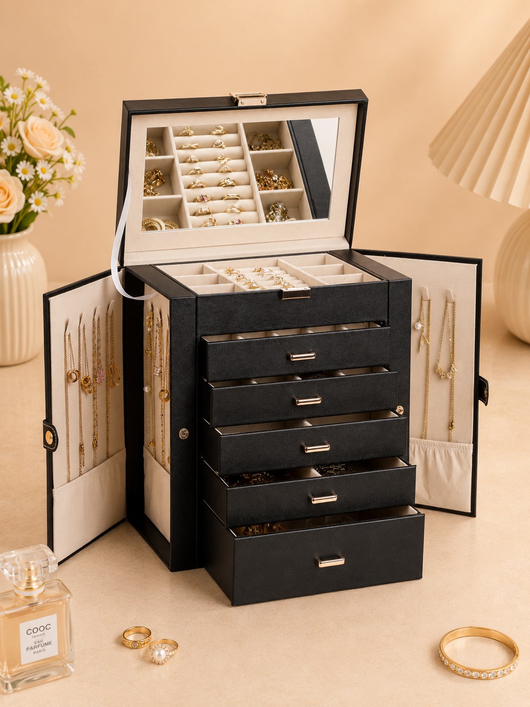 Women Accessories Drawer - 1PC Large 6-Layer PU Leather Jewelry